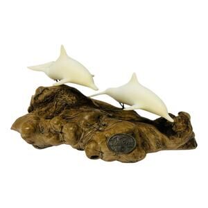 MCM John Perry White Dolphin Sculpture Burl Drift Wood Base Nautical Beachhouse